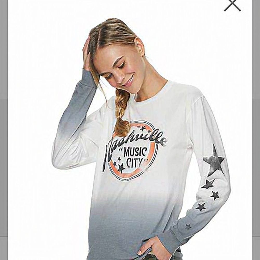 Mighty Fine Nashville Music City Ombre Star Long Sleeve T Shirt Women XS